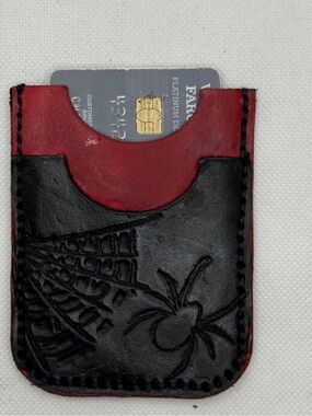Handmade Tooled Leather Spider Card Holder Slim Front Pocket Minimalist Wallet